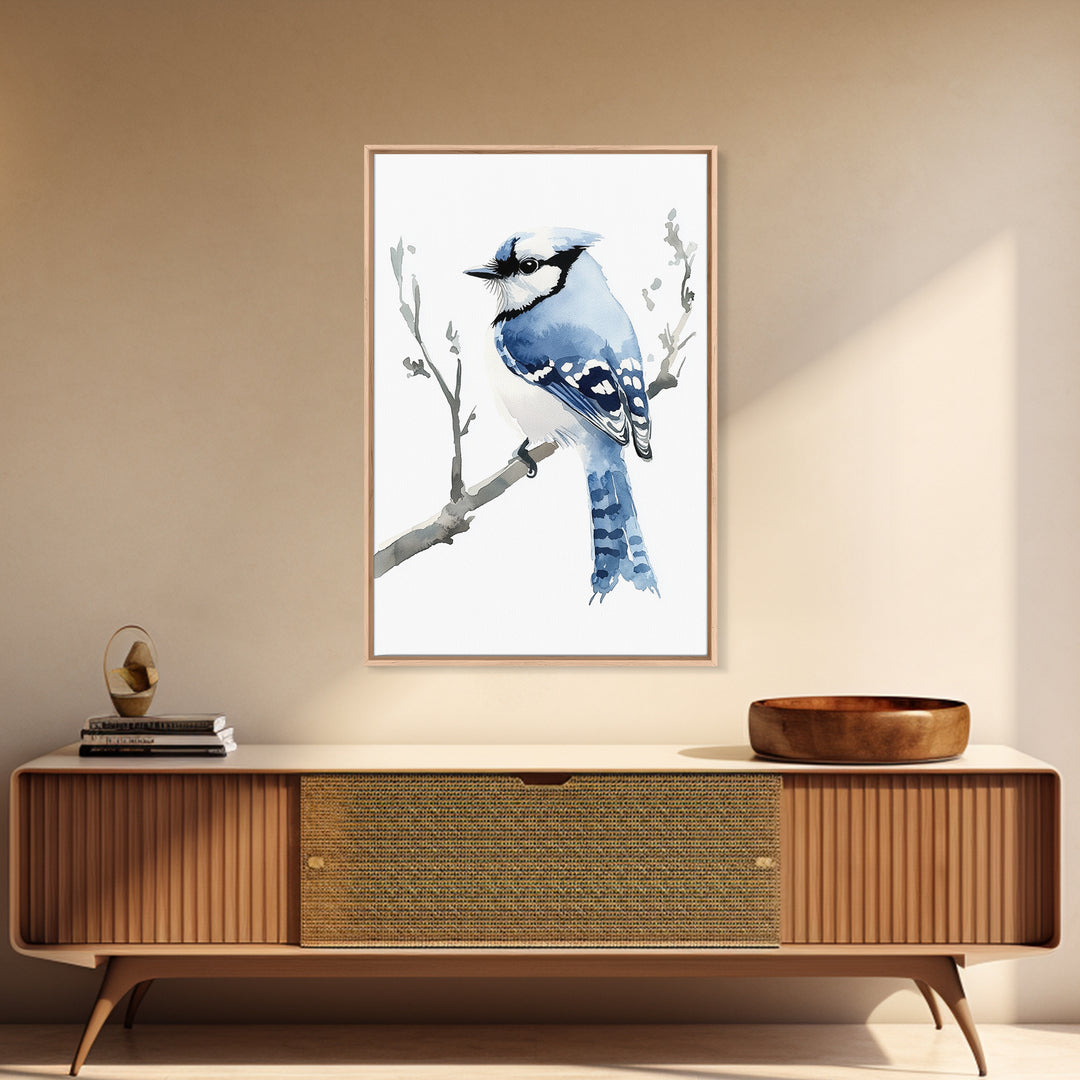 Blue Jay Perched On Branch Wall Art, Watercolor Bird Print, Woodland Nursery Decor, Nature Canvas Print, Bird Lover Gift