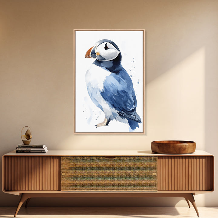 Atlantic Puffin Bird Watercolor Wall Art, Coastal Wildlife Decor, Nautical Canvas Print, Ocean Nursery Gift, Blue Seabird Art