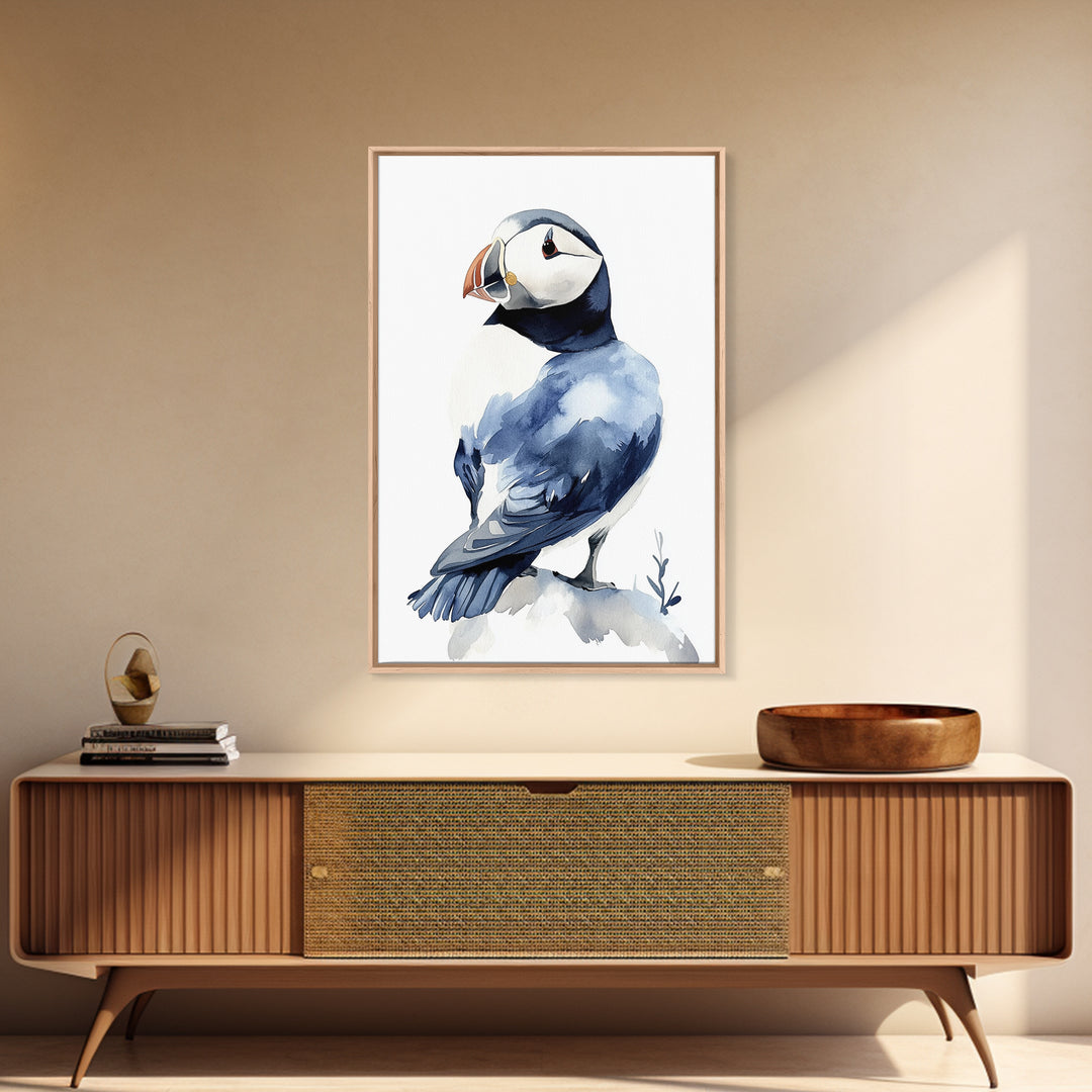 Puffin Bird Watercolor Canvas Print, Coastal Wildlife Wall Art, Nautical Nursery Decor, Ocean Animal Gift, Blue Seabird Art