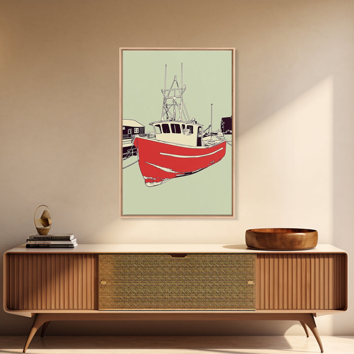 Red Fishing Boat In Harbor Wall Art, Nautical Coastal Canvas Print, Beach House Decor, Maritime Living Room Art Gift For Him