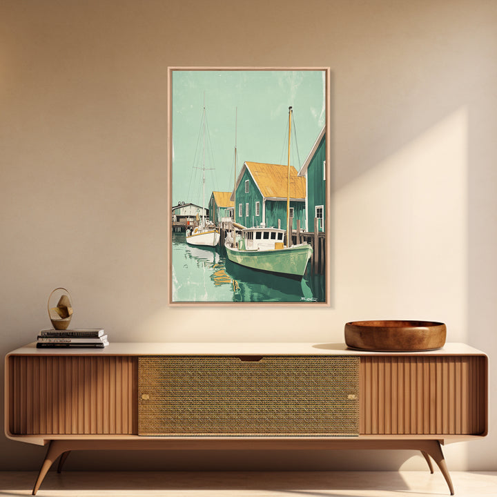Green Fishing Boats By Dock Framed Canvas Print, Nautical Wall Art, Coastal Home Decor, Beach House Living Room Art Gift