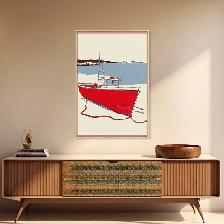 Red Lobster Boat On Blue Bay Wall Art, Nautical Coastal Canvas Print, Beach House Decor, Maritime Seascape Art Gift For Him