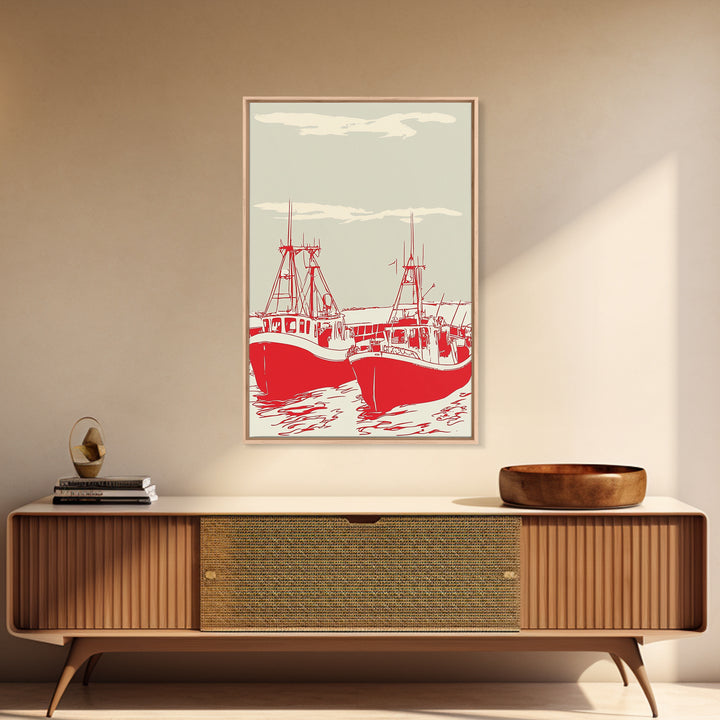 Two Red Fishing Boats At Harbor Canvas Print, Nautical Wall Art, Coastal Decor, Maritime Living Room Poster Gift For Him