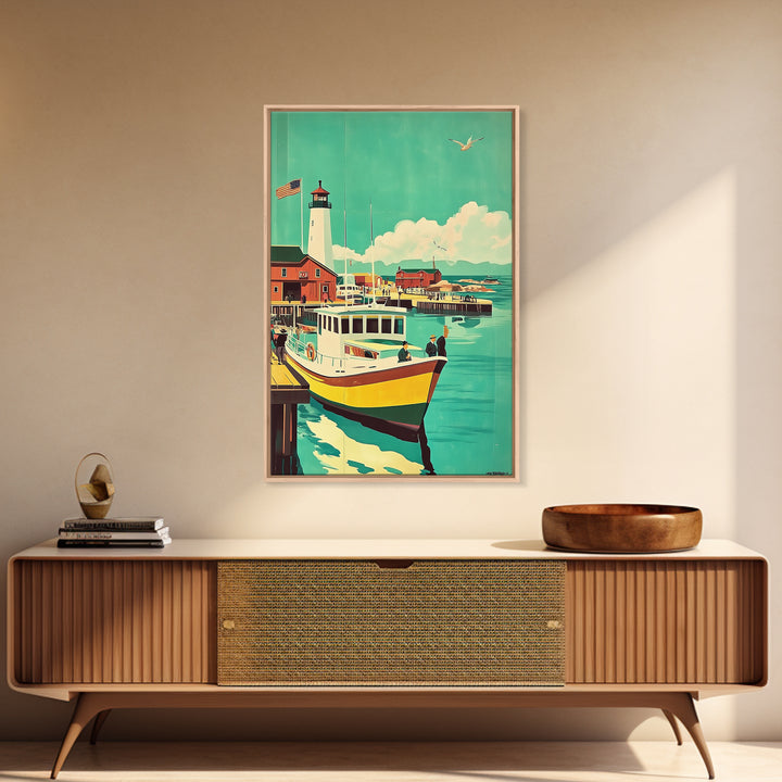 Harbor Boat With Lighthouse Framed Canvas Print, Coastal Wall Art, Nautical Travel Poster, Beach House Living Room Decor