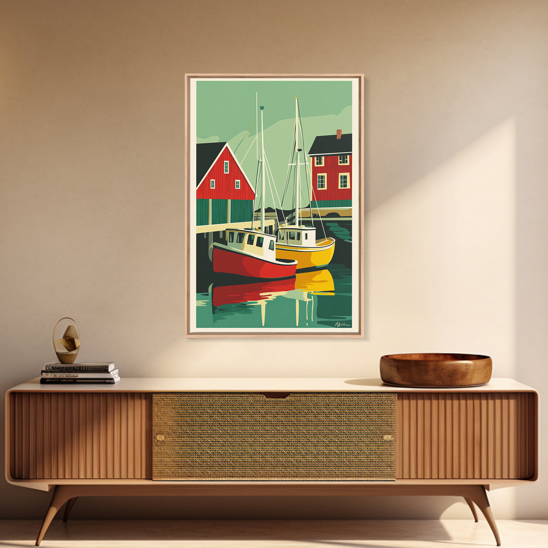 Red And Yellow Boats By Boathouse Wall Art, Nautical Coastal Canvas Print, Scandinavian Harbor Home Decor, Lake House Gift