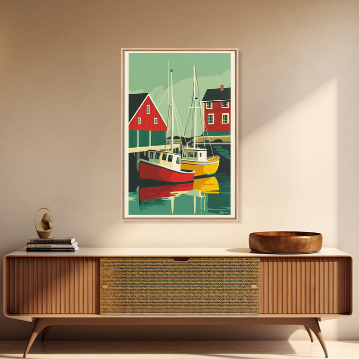 Red And Yellow Boats By Boathouse Wall Art, Nautical Coastal Canvas Print, Scandinavian Harbor Home Decor, Lake House Gift
