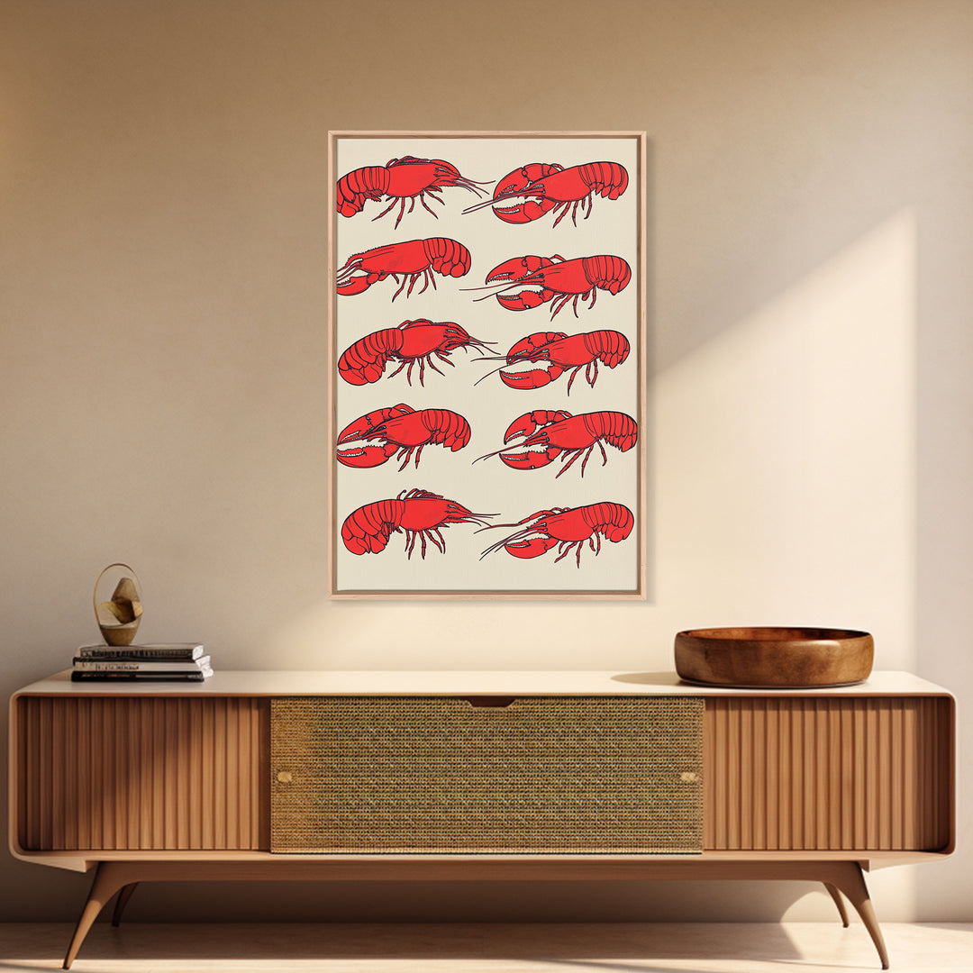 Red Lobster Pattern On Beige Wall Art, Coastal Kitchen Decor, Seafood Print, Nautical Home Decor, Beach House Dining Room Gift