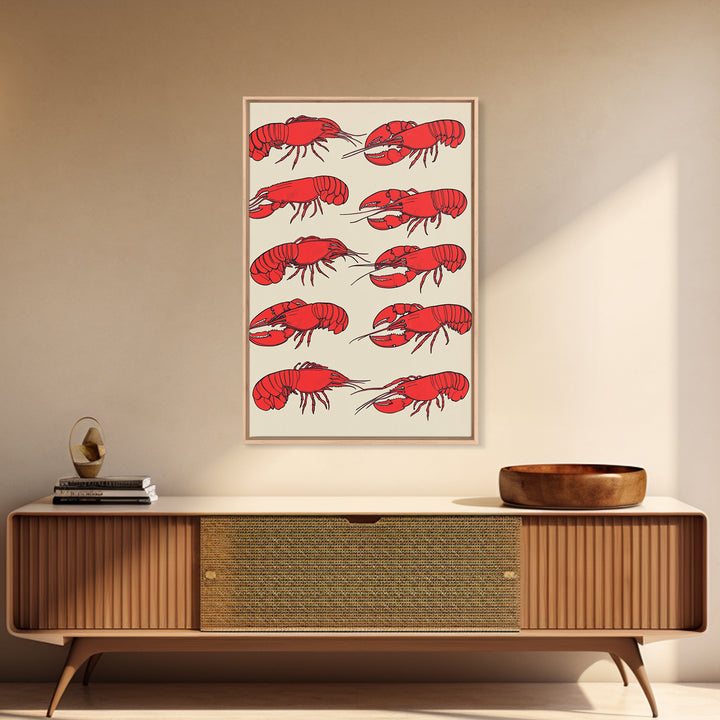 Red Lobster Pattern On Beige Wall Art, Coastal Kitchen Decor, Seafood Print, Nautical Home Decor, Beach House Dining Room Gift