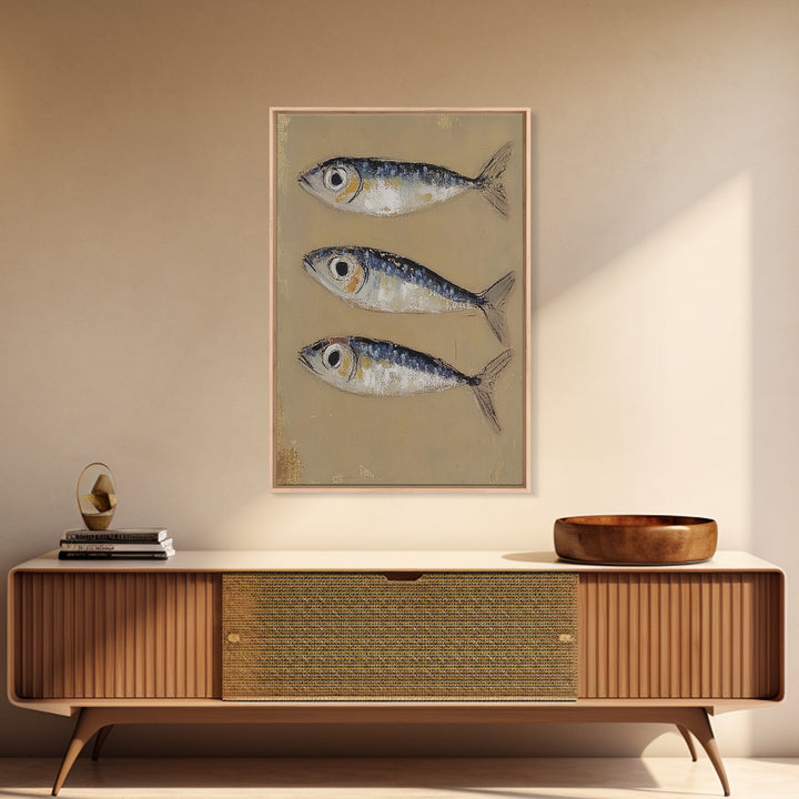 Three Blue Sardines On Beige Canvas Print, Coastal Kitchen Wall Art, Nautical Seafood Decor, Beach House Gift For Dining Room Home Decor