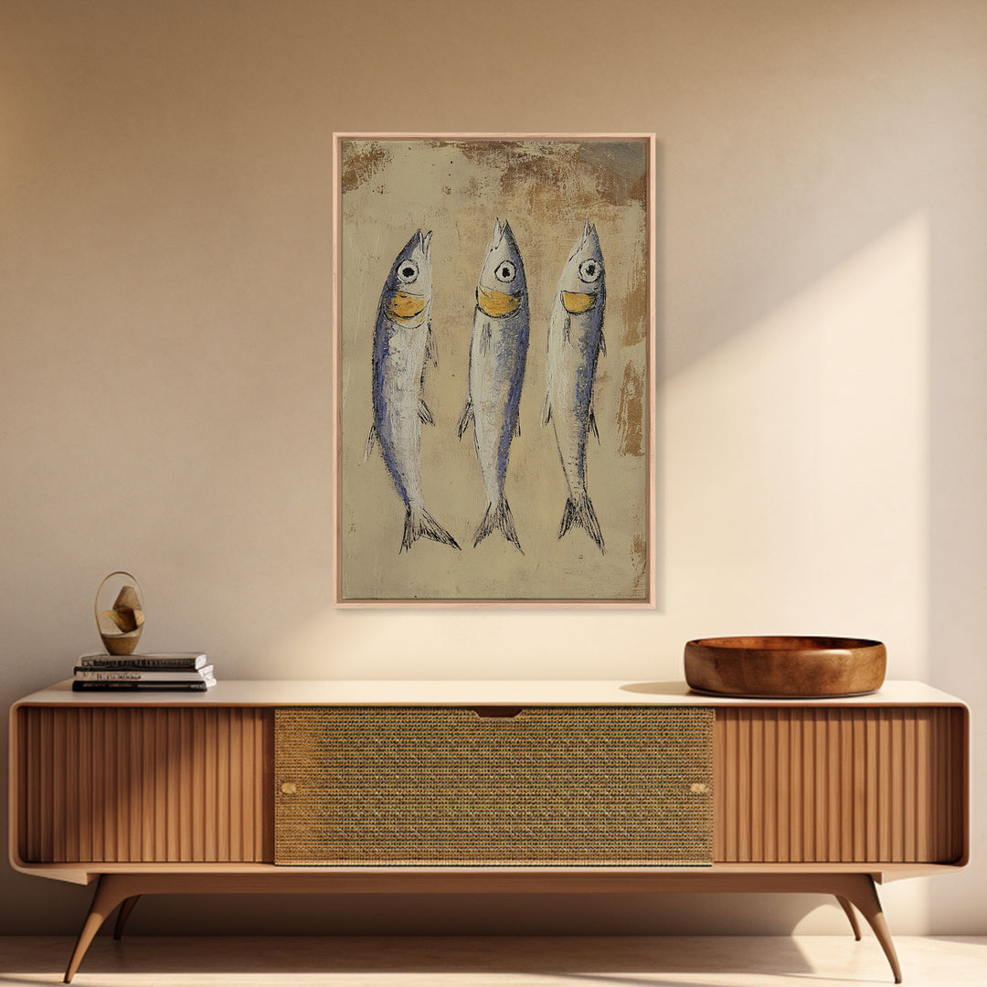 Rustic Three Sardines On Textured Beige Wall Art, Coastal Kitchen Decor, Nautical Fish Canvas Print For Beach House Dining Room