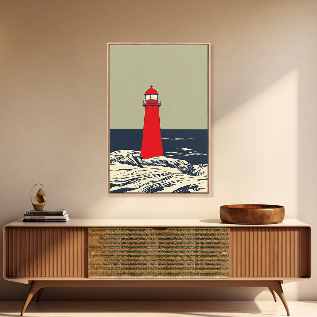 Red Lighthouse By Dark Sea Canvas Print, Nautical Wall Art, Coastal Beach House Decor, Ocean Poster For Living Room Home Decor