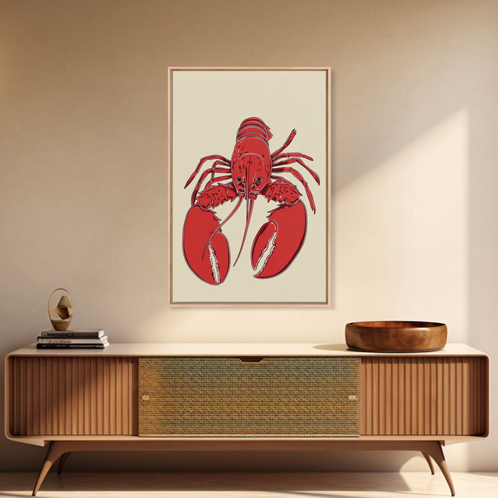 Bold Red Lobster Illustration Canvas Print, Coastal Kitchen Wall Art, Nautical Seafood Decor, Beach House Gift For Food Lovers