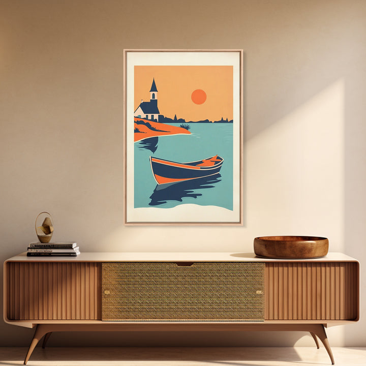 Orange Sunset Boat And Church Wall Art, Coastal Travel Poster, Lake House Decor, Nautical Canvas Print, Summer Beach Gift