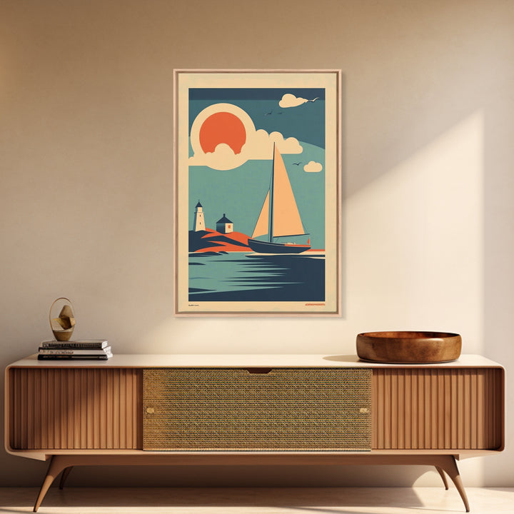 Art Deco Sailboat Lighthouse Sunset Wall Art, Coastal Travel Poster, Nautical Canvas Print, Beach House Decor Gift For Her
