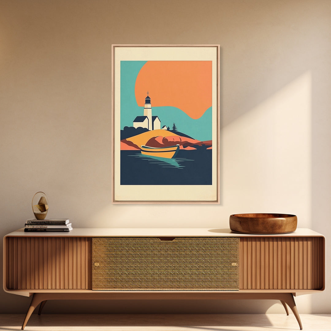 Lighthouse Cove With Rowboat Framed Canvas Print, Coastal Wall Art, Nautical Lake House Decor, Sunset Travel Poster Gift