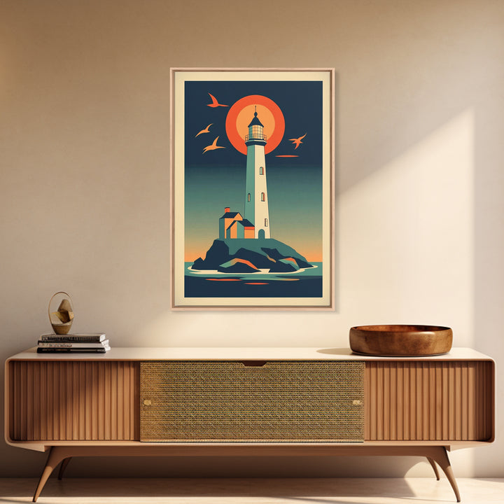 Retro Lighthouse At Sunset With Orange Sun And Seabirds Wall Art, Coastal Wall Decor, Nautical Art Print, Beach House Decor
