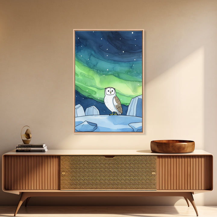 Snowy Owl Under Northern Lights Wall Art, Aurora Sky Canvas Print, Celestial Wall Decor, Arctic Nursery Art, Nature Gift