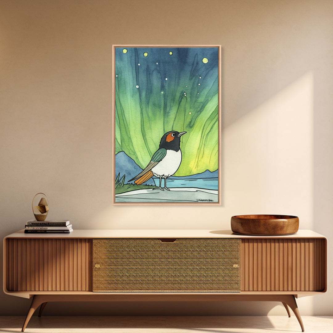 Robin Bird Beneath Green Northern Lights Canvas Print, Aurora Wall Art, Celestial Decor, Nature Wall Decor, Whimsical Art