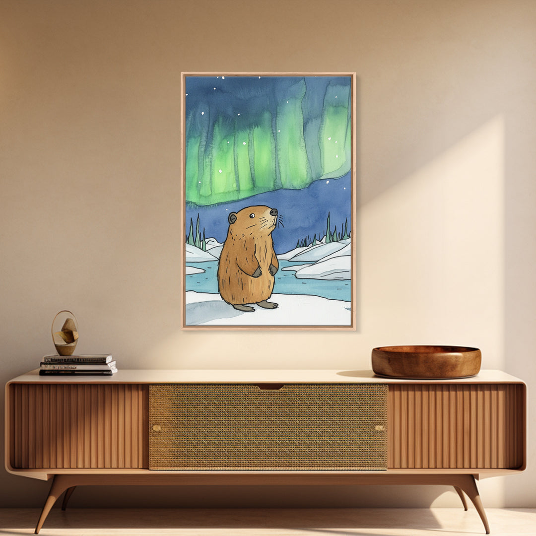 Whimsical Beaver Aurora Wall Art, Northern Lights Animal Print, Winter Nursery Decor, Woodland Animal Gift, Cozy Kids Room Decor