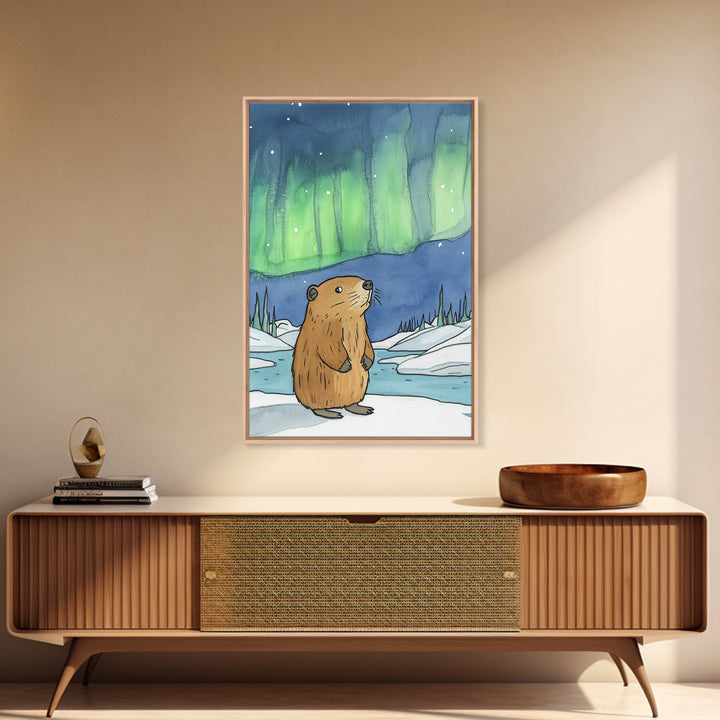Whimsical Beaver Aurora Wall Art, Northern Lights Animal Print, Winter Nursery Decor, Woodland Animal Gift, Cozy Kids Room Decor