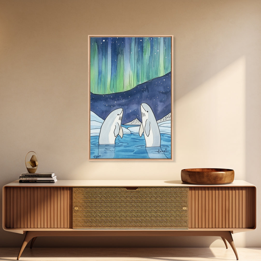 Northern Lights Beluga Whales Canvas Print, Aurora Borealis Ocean Wall Art, Arctic Nursery Decor, Coastal Wall Decor, Gift For Her