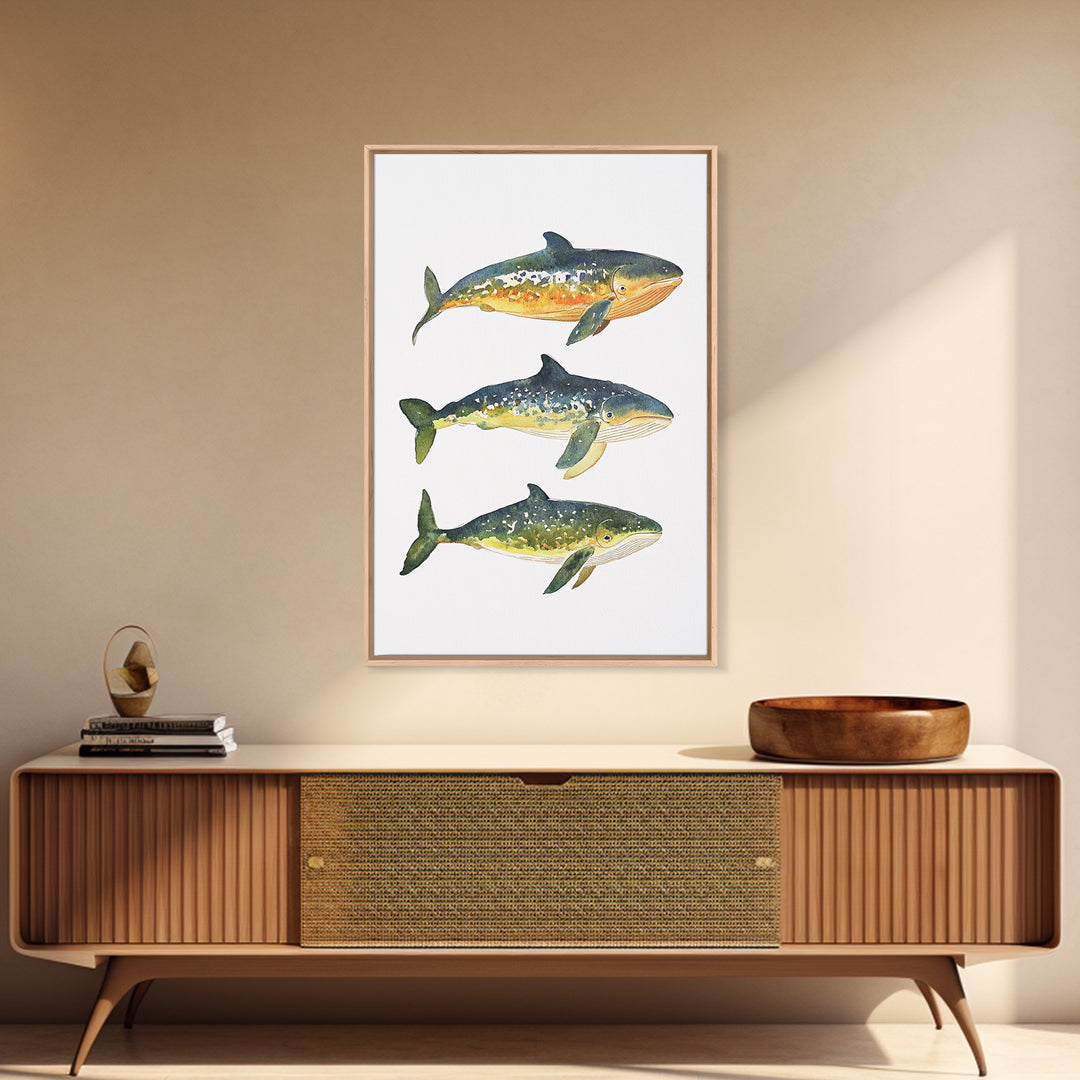 Three Colorful Whales Canvas Print, Marine Life Wall Art, Ocean Animal Art Print, Coastal Nursery Decor, Whale Lover Gift