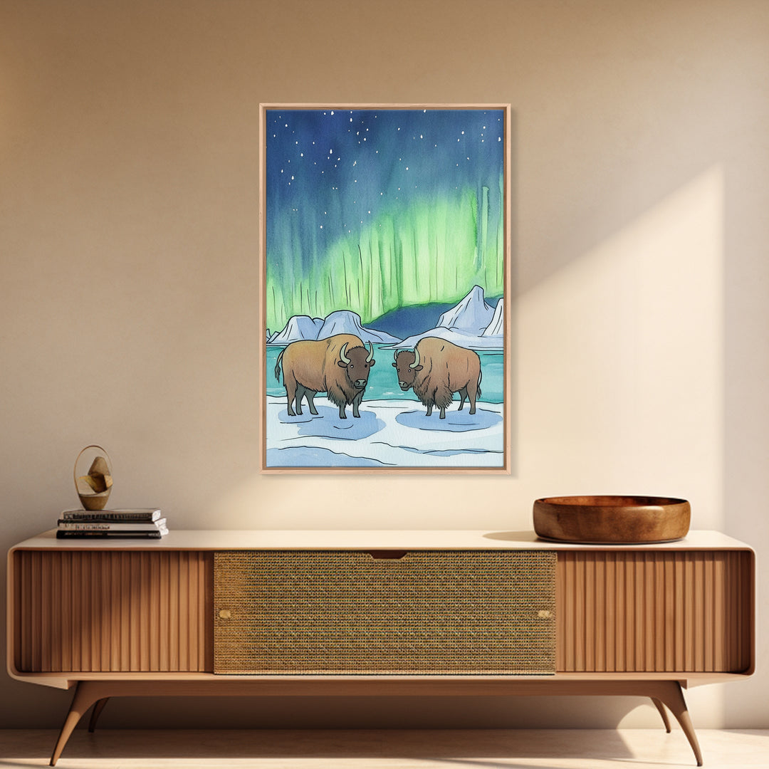 Aurora Bison In Snow Framed Canvas Print, Northern Lights Wall Art, Rustic Wildlife Art, Winter Nature Decor, Cabin Decor