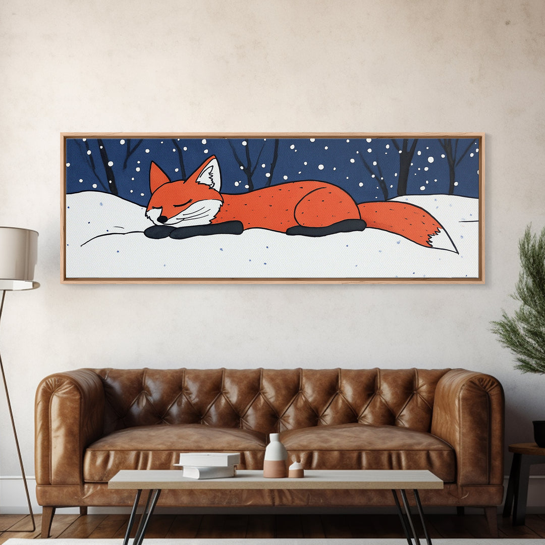 Sleeping Red Fox In Snow Wall Art, Whimsical Winter Animal Print, Woodland Nursery Decor, Cozy Kids Room Canvas Print Gift