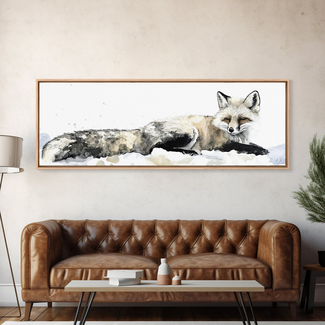 Resting Arctic Fox In Snow Canvas Print, Winter Wildlife Wall Art, Neutral Woodland Decor, Minimalist Animal Art, Bedroom Decor Gift