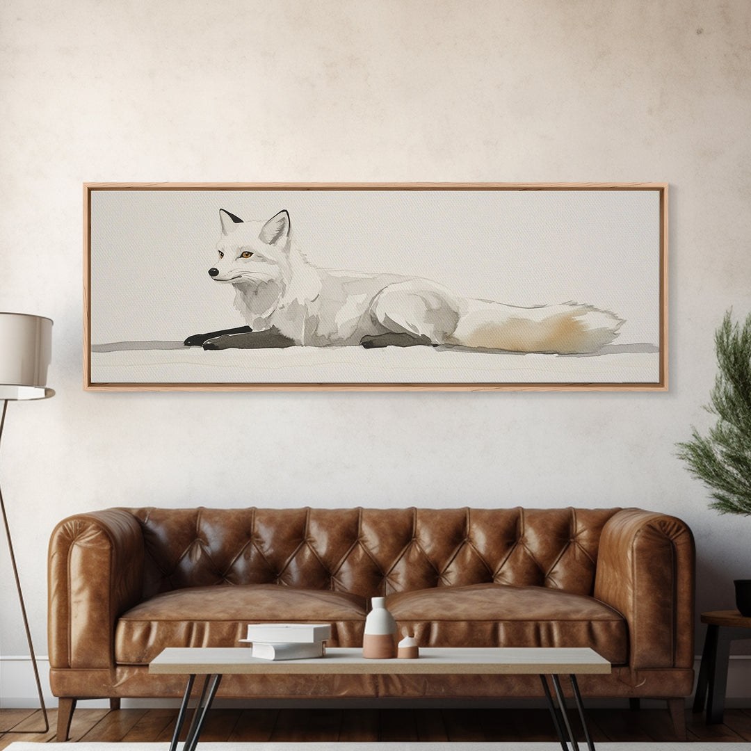 White Arctic Fox Minimalist Wall Art, Neutral Wildlife Canvas Print, Scandinavian Woodland Decor, Serene Animal Art Gift
