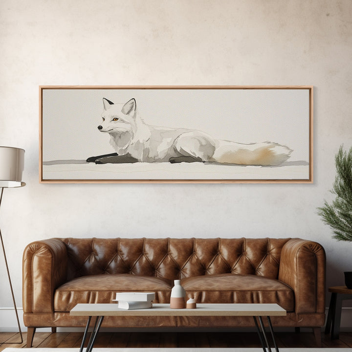 White Arctic Fox Minimalist Wall Art, Neutral Wildlife Canvas Print, Scandinavian Woodland Decor, Serene Animal Art Gift