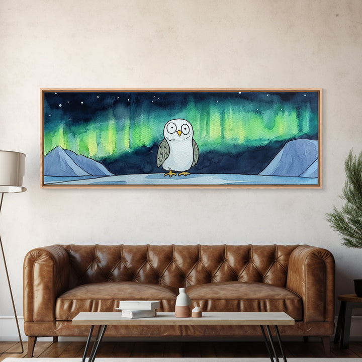 Northern Lights Owl Wall Art, Aurora Borealis Canvas Print, Whimsical Arctic Animal Decor, Kids Room Nursery Art Gift For Kids