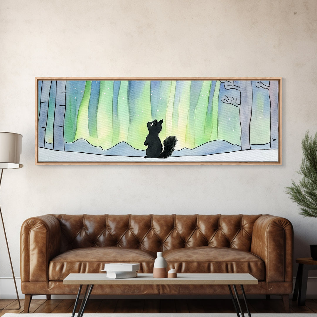 Black Squirrel Under Aurora Forest Wall Art, Winter Woodland Animal Print, Cute Nursery Decor, Northern Lights Wall Decor