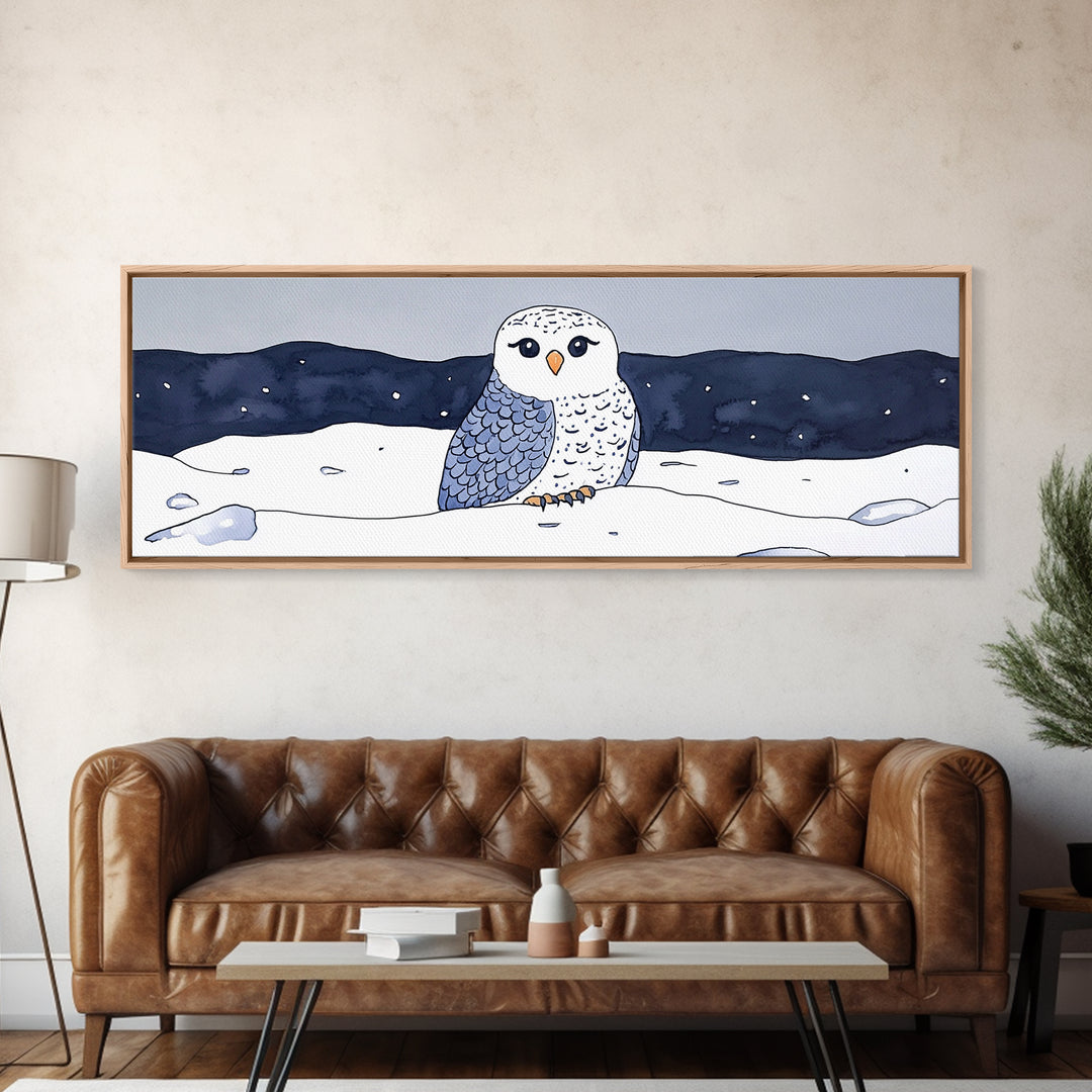 Cute Snowy Owl In Winter Snow Canvas Print, Arctic Bird Wall Art, Nursery Animal Decor, Blue Night Landscape Art Print Gift