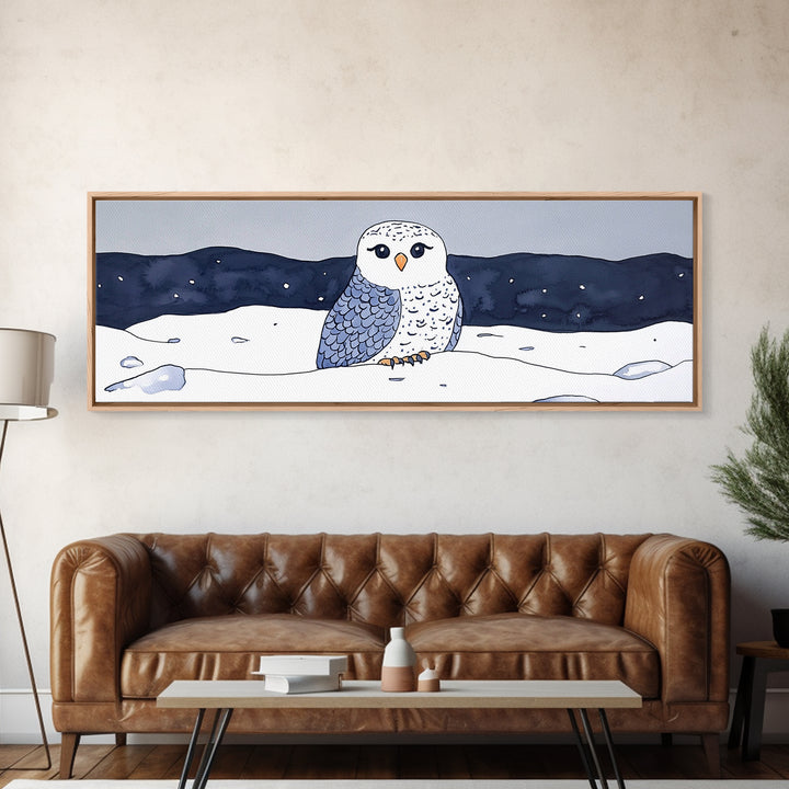 Cute Snowy Owl In Winter Snow Canvas Print, Arctic Bird Wall Art, Nursery Animal Decor, Blue Night Landscape Art Print Gift
