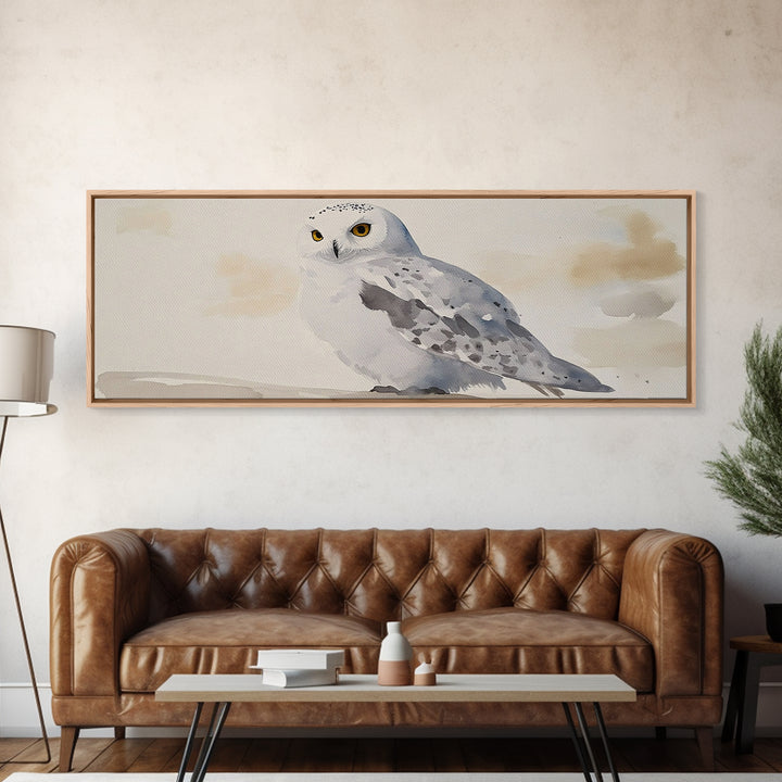 Snowy Owl In Soft Beige Sky Framed Canvas Print, Arctic Bird Wall Art, Neutral Wildlife Decor, Minimalist Nature Print Gift
