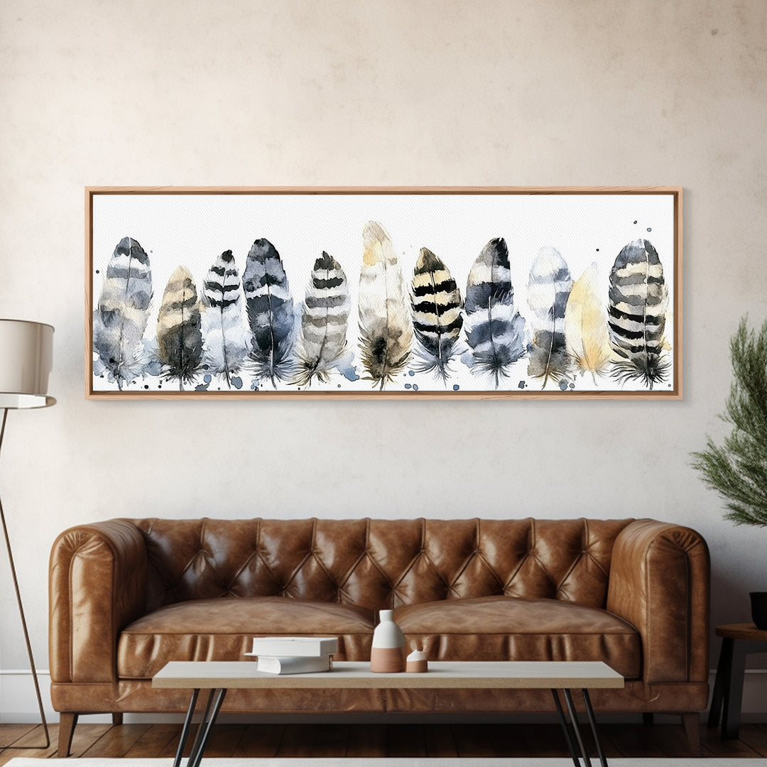 Watercolor Feather Collection Wall Art, Boho Bird Feather Canvas Print, Neutral Nature Decor, Rustic Gallery Wall Print Set