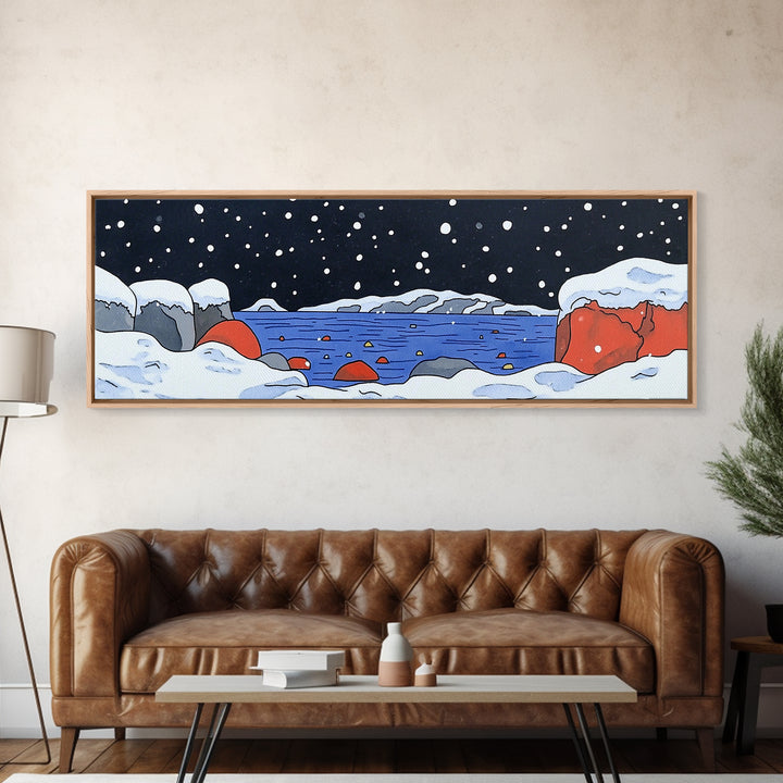 Snowy Arctic Cove With Red Rocks Wall Art, Winter Seascape Canvas Print, Coastal Landscape Decor, Ocean Art Print Home Decor