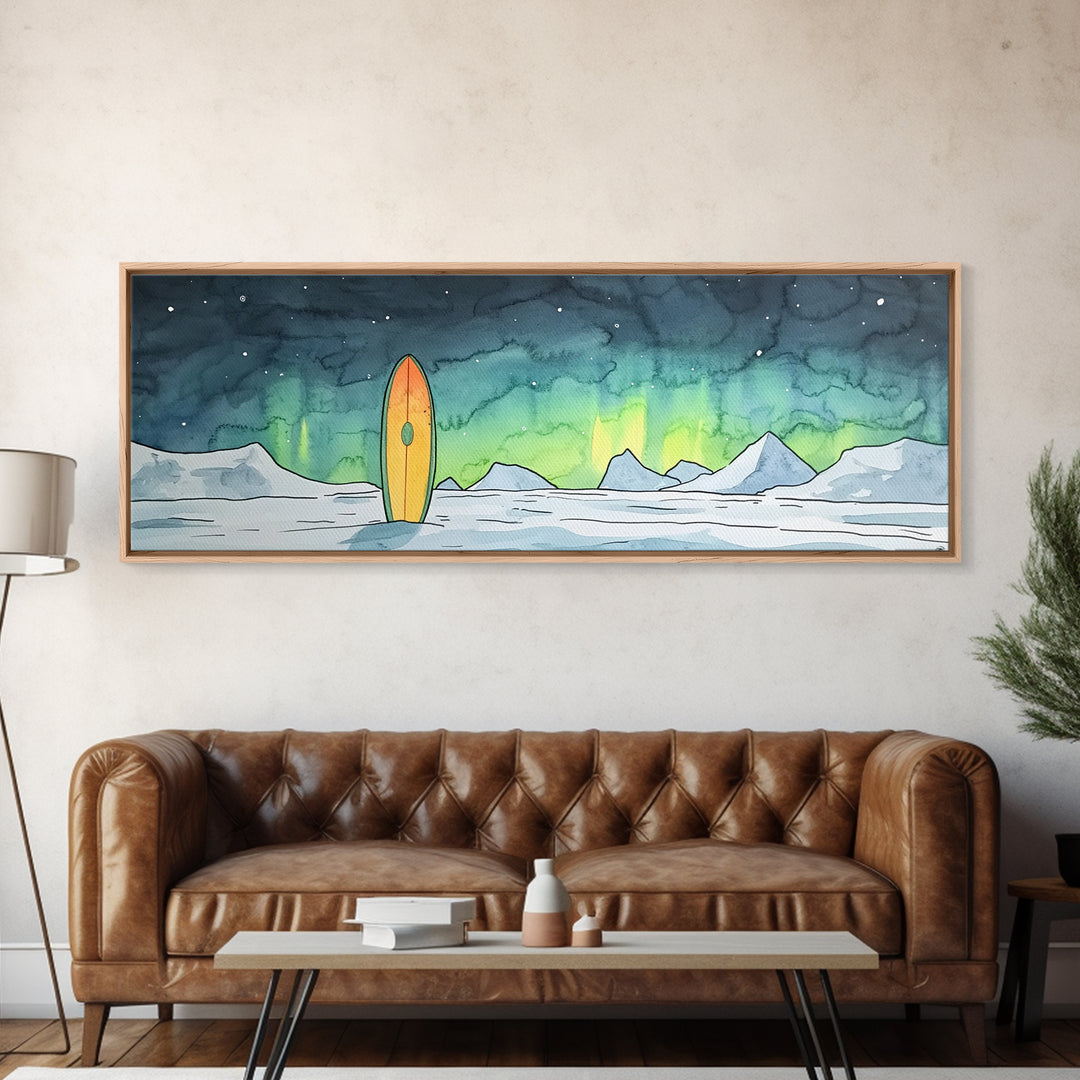 Aurora Surfboard Arctic Mountains Wall Art, Panoramic Canvas Print, Coastal Cabin Decor, Winter Landscape Gift For Beach House