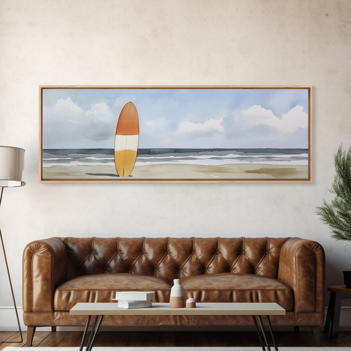 Orange Surfboard On Misty Beach Wall Art, Framed Canvas Print, Coastal Wall Decor, Surf Poster For Beach House Decor Living Room Art