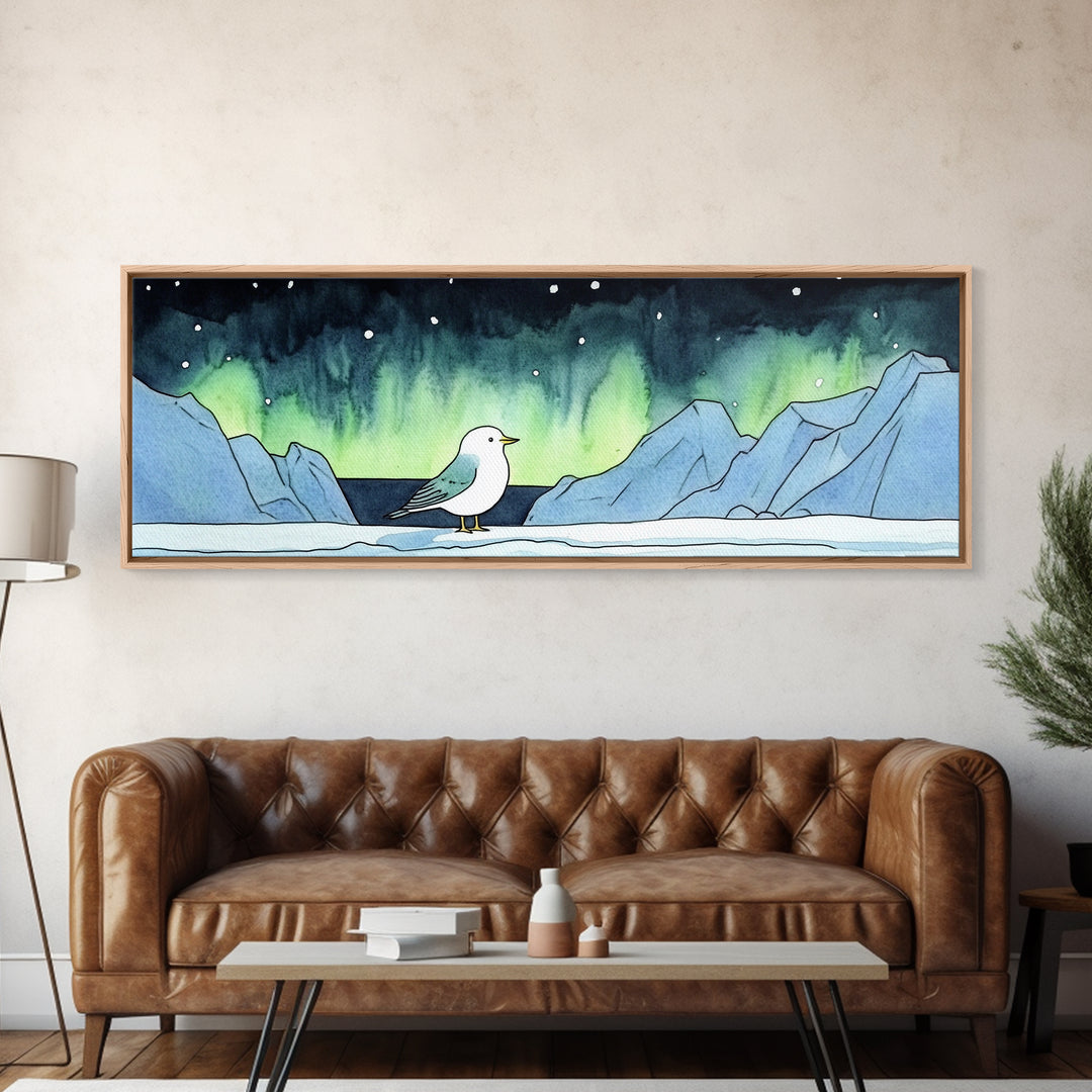 Seagull Under Aurora Mountains Wall Art, Panoramic Canvas Print, Coastal Bird Art, Nautical Nursery Decor, Ocean Gift For Her