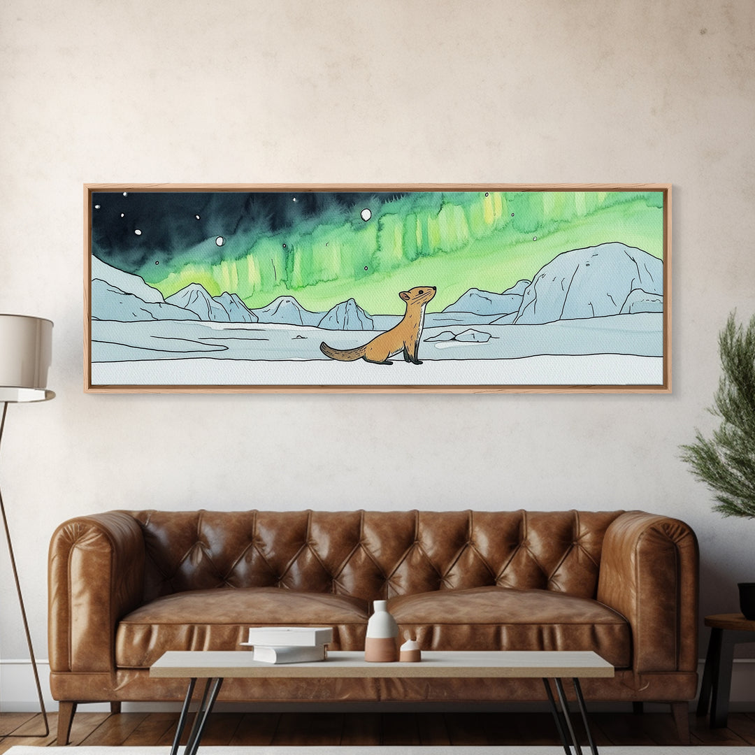 Playful Arctic Weasel Under Aurora Wall Art, Framed Canvas Print, Wildlife Wall Decor, Whimsical Nursery Art Gift For Kids Room
