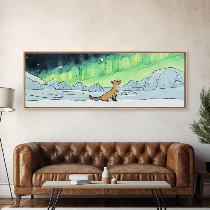 Playful Arctic Weasel Under Aurora Wall Art, Framed Canvas Print, Wildlife Wall Decor, Whimsical Nursery Art Gift For Kids Room