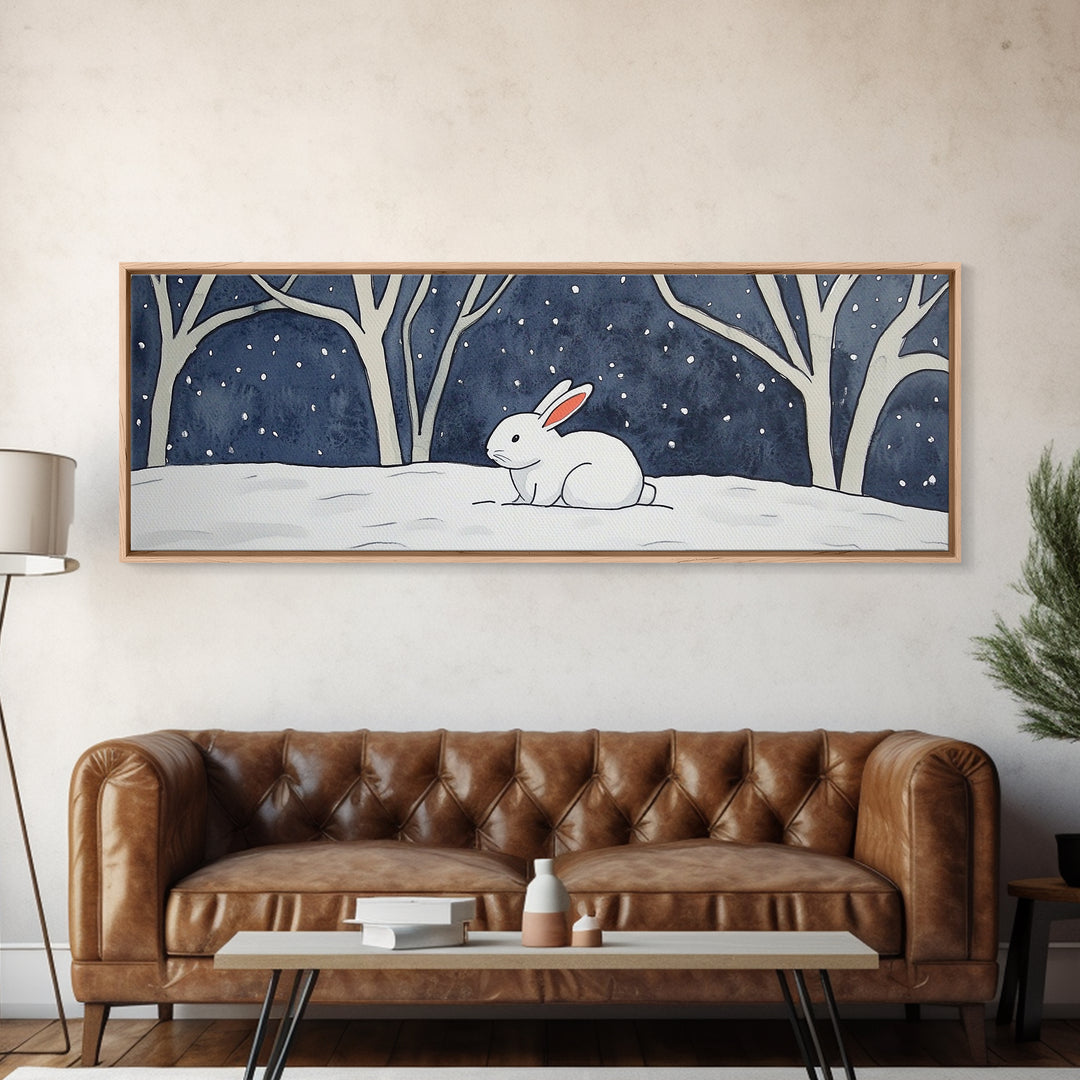 White Rabbit In Snowy Forest Wall Art, Framed Canvas Print, Woodland Nursery Decor, Whimsical Animal Art For Kids Room Gift