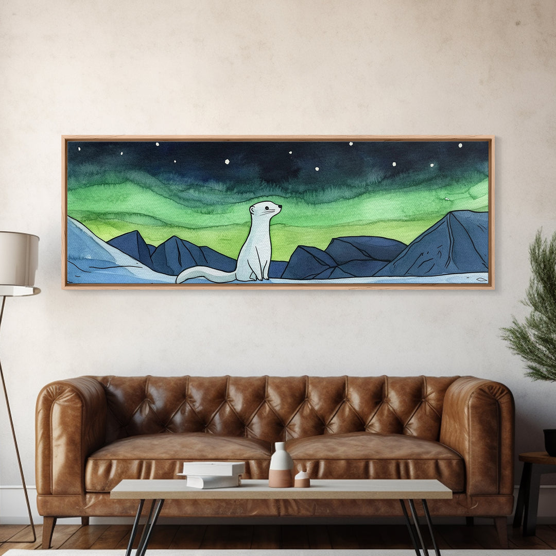White Arctic Ermine Aurora Mountains Wall Art, Panoramic Canvas Print, Wildlife Wall Decor, Winter Nursery Art For Kids Room