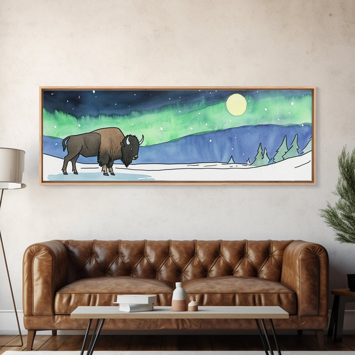 Snowy Bison Under Aurora Moon Wall Art, Wildlife Framed Canvas Print, Rustic Lodge Decor, Winter Landscape Art, Cabin Gift