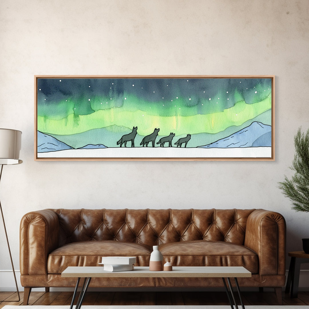 Howling Wolves Beneath Northern Lights Wall Art, Wildlife Canvas Print, Winter Mountain Decor, Aurora Landscape Print, Cabin Art