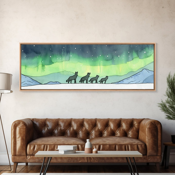 Howling Wolves Beneath Northern Lights Wall Art, Wildlife Canvas Print, Winter Mountain Decor, Aurora Landscape Print, Cabin Art