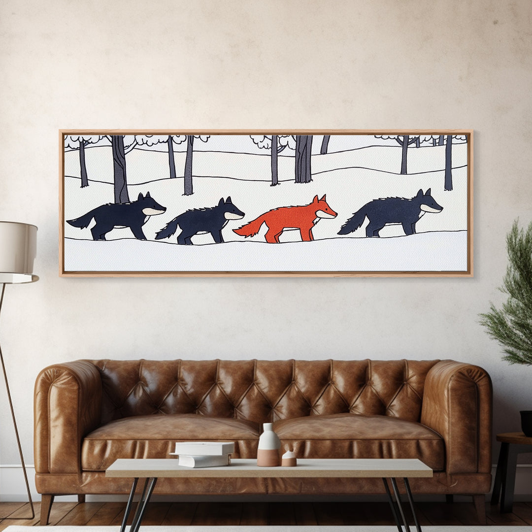 Red Fox Walking With Black Wolves Wall Art, Woodland Animal Canvas Print, Snowy Forest Nursery Decor, Whimsical Wildlife Art
