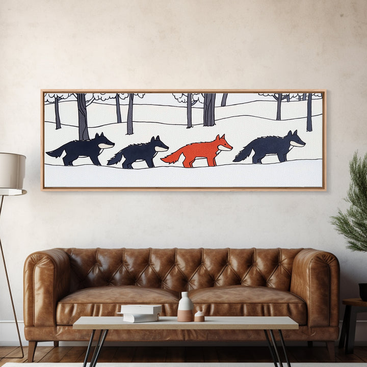Red Fox Walking With Black Wolves Wall Art, Woodland Animal Canvas Print, Snowy Forest Nursery Decor, Whimsical Wildlife Art